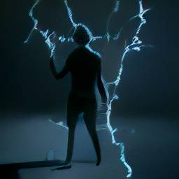 Ein Mann umgeben von Blitzen. Von DALLE Mini generiertes Bild.